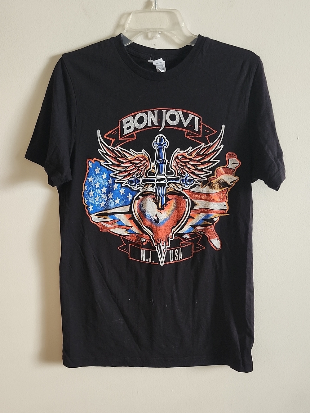 Bon Jovi Concert Tee Black Graphic Band Tee - Heart & Flag Design